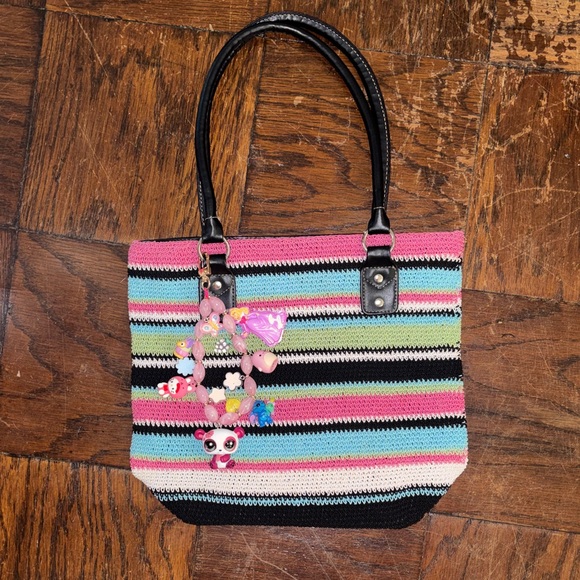 Handbags - Striped vintage Multicolor Tote Bag with Black Handles